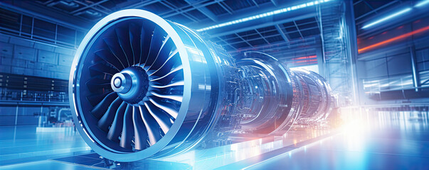 Aircraft engine dismantled in a hangar blue color