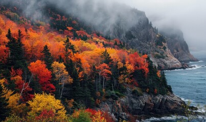 Fototapeta premium Stunning autumn landscape with colorful foliage, misty mountains, and a serene ocean coastline. Nature's beauty at its best.