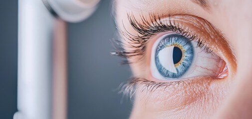 Close-up of a patients eye being examined with a slit lamp during an eye checkup, vision health, eye care