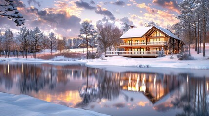 Fototapeta premium A cozy cabin in the woods, a lake with the reflection of the house