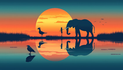 an elephant, a bird, and a person on a lake with a reflection at sunset. Silhouette vector background design