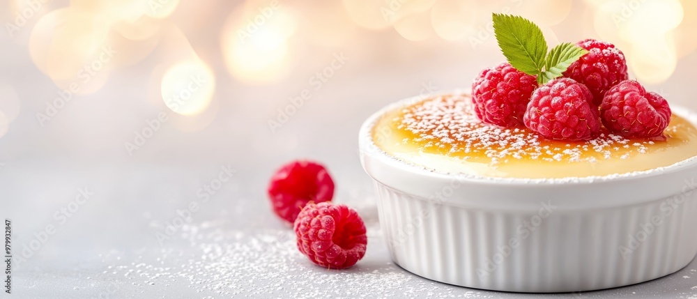 Poster  A tight shot of a dessert in a bowl, adorned with raspberries at the edge and a verdant leaf resting atop