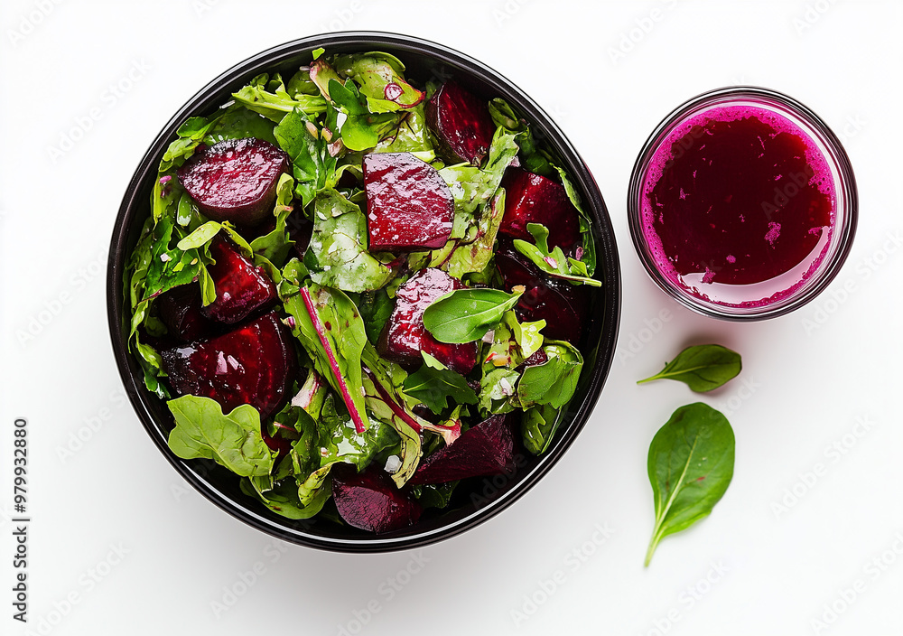 Canvas Prints Beet salad with a glass of juice on a white background