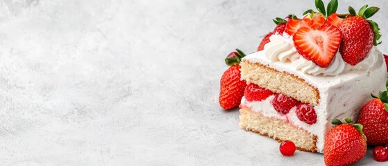  A cake topped with white frosting and strawberries on a pristine white tablecloth