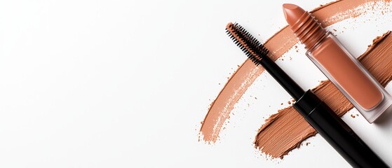  A tight shot of a mascara and mascara tube against a white background The mascara tube exudes a light brown liquid from its tip