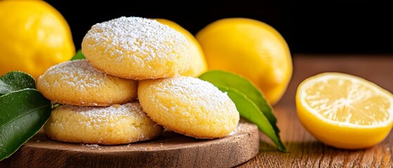  A wood cutting board holds a stack of powdered sugar cookies Nearby lies a mound of lemons