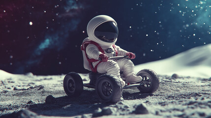 Create a visually striking chibi-style astronaut, the astronaut is rendered in remarkable detail, black tinted visor, crisp white suit,with red straps, he is captured riding on a child's tricycle