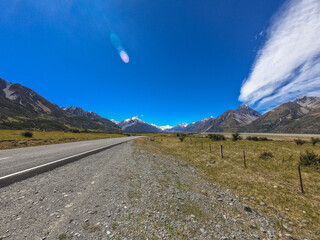 Lake Pukaki & Lake Tekapo Views with Lupin Fields, Hooker Valley Track, Southern Alps, Mt Cook...