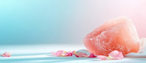  A tight shot of a food item on a table, surrounded by petals against a light blue background