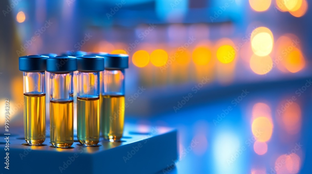 Poster a series of laboratory vials containing amber-colored liquid are positioned on a rack
