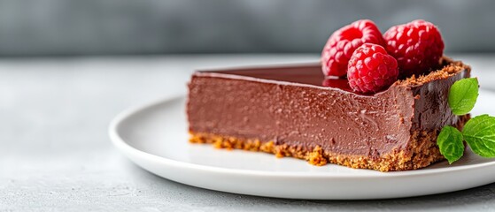  A chocolate cake topped with raspberries on a pristine white plate, garnished with a vibrant green...