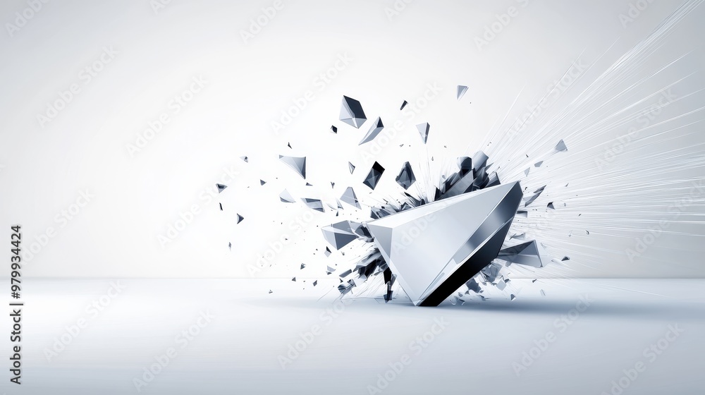 Poster a sharp, angular shatter vector design with pieces of a surface fragmenting and scattering outward i