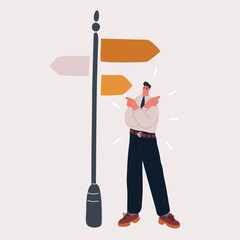 Cartoon vector illustration of a businessman at a crossroads, pondering next steps while standing next to a directional signpost, concept of decision-making and career direction
