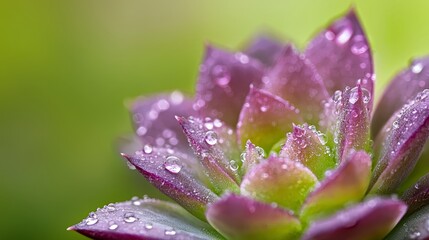  A tight shot of a purple flower, dewdrops glistening on its petals against a verdant background