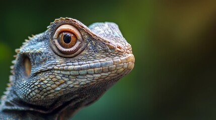 Obraz premium A tight shot of a lizard's face against a softly blurred backdrop of green foliage
