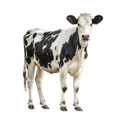 A charming black and white cow standing gracefully, isolated on white background, transparent background