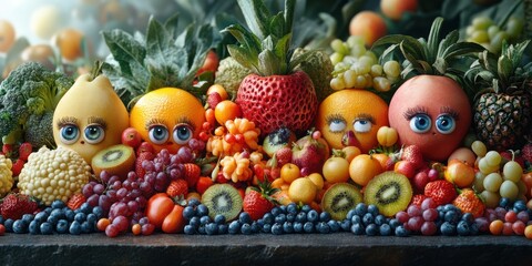 Explore a whimsical world where vegetables and fruits have faces and animated traits
