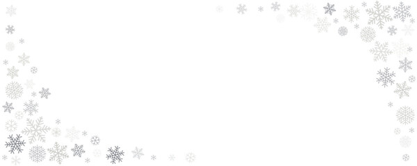 Christmas snowflakes background. Winter silver snow falling decoration, greeting card. Noel subtle backdrop. Vector illustration