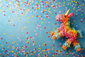Donkey piñata with confetti on background flat lay Room for text