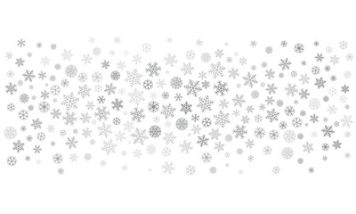 Christmas snowflakes background. Winter silver snow falling decoration, greeting card. Noel subtle backdrop. Vector illustration