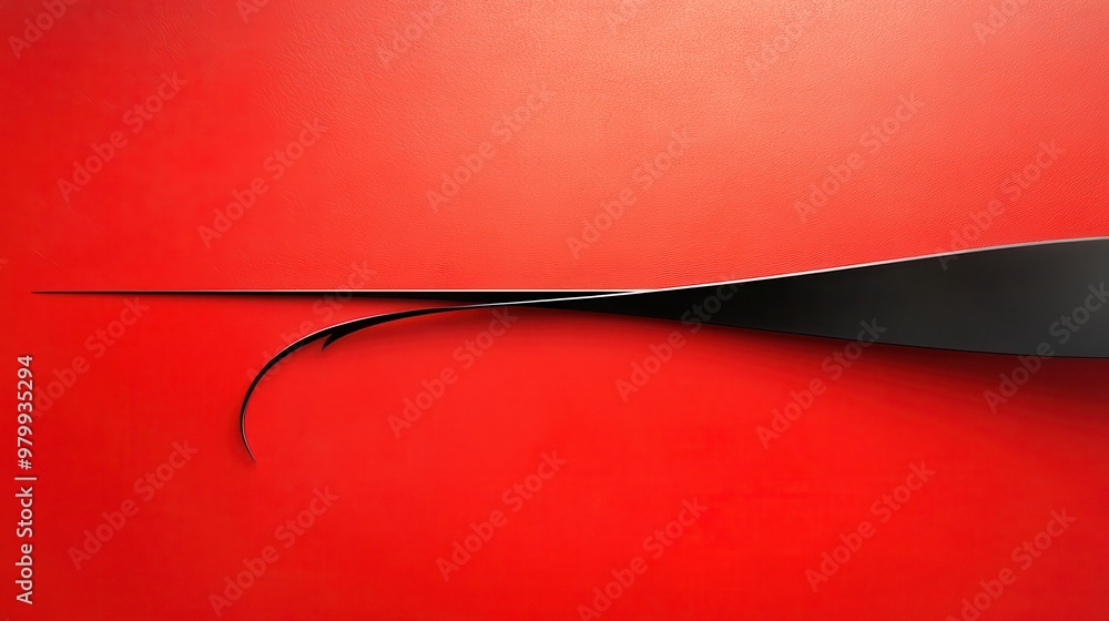 Poster a sharp black line crossing a red background with abstract textures, creating a bold and dramatic vi
