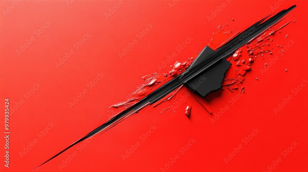 Poster a sharp black line crossing a red background with abstract textures, creating a bold and dramatic vi