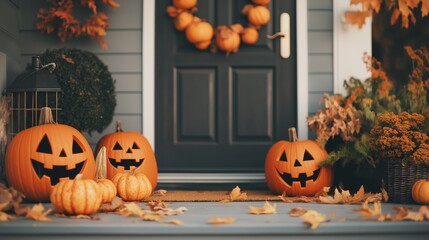 Obraz premium autumn decorated porch with pumpkins and fall leaves for halloween. festive seasonal home entrance