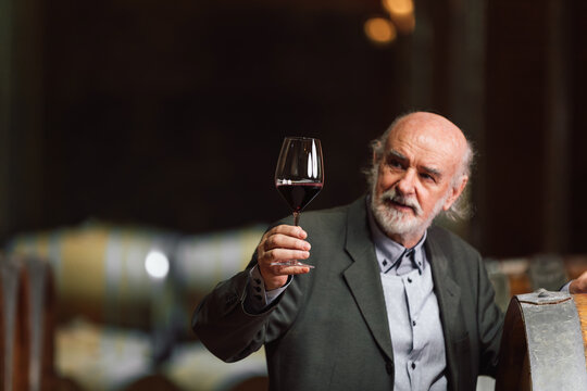 Caucasian senior man in a suit, standing in an old wine cellar with wooden barrels, expertly tasting red wine, checking a color, smell, and taste