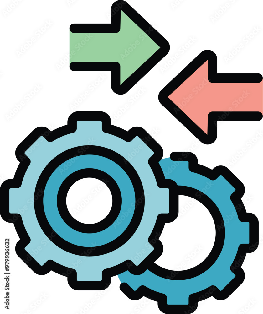 Poster two gears changing rotation direction, one green arrow pointing right, one red arrow pointing left