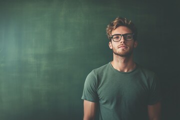 Thoughtful young man with glasses against green chalkboard