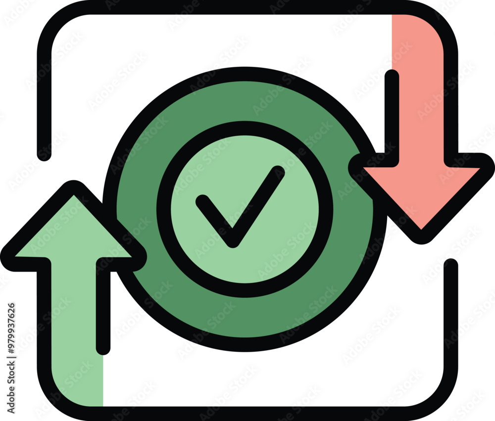 Poster green checkmark with a green up arrow and a red down arrow, representing data processing and validat