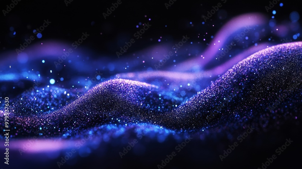Poster this dynamic composition showcases luminous particles gracefully flowing across undulating surfaces,