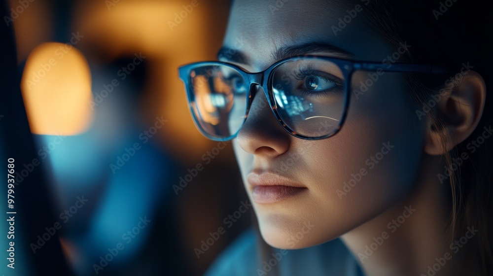 Poster a female coder with glasses concentrates on her computer screen, her face softly lit by the glow of 