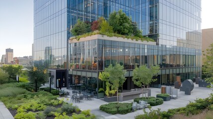 Obraz premium A modern glass building with a lot of green plants trees and bushes. The building has a business architecture and is environmental friendly and eco-concept. 