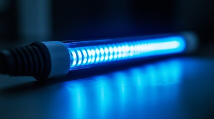 A UVC light device emits a bright blue light onto a smooth surface, showcasing its features in a dimly lit environment perfect for highlighting its effectiveness