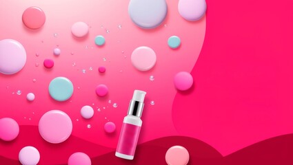 Fototapeta premium A cosmetic spray bottle on a vibrant pink background with colorful circles