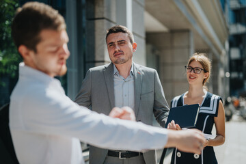 A group of business professionals in a lively discussion on a city street, emphasizing teamwork and...
