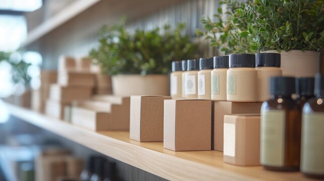 Ecofriendly packaging materials are elegantly arranged on a minimalist retail shelf