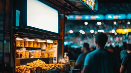 A bustling stadium features a colorful concession stand filled with snacks, as fans gather around enjoying the lively atmosphere and excitement of the event
