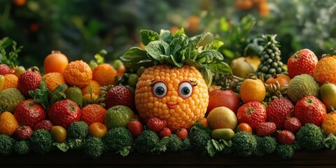 Explore the whimsical streets where fresh produce is full of life with expressive faces and traits