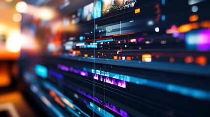 A detailed view of a computer screen showcases a well-organized timeline where various clips are sequenced for editing in a creative environment