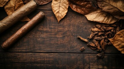 A detailed arrangement showcases a cigar beside a small pile of dried tobacco and leaves on a weathered wooden surface, highlighting the textures and colors of the materials