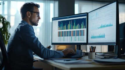 At his desk in a contemporary office, a man concentrates on analyzing data, studying detailed graphs and statistics on two large monitors. His workspace is organized and efficient