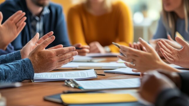 A diverse group of individuals engages in a lively discussion, gesturing expressively as they share ideas and collaborate at a wooden table. Documents and devices are present
