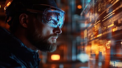 A technician in augmented reality glasses focuses on analyzing critical operational data at an energy plant, enhancing real-time decision-making in a high-tech environment