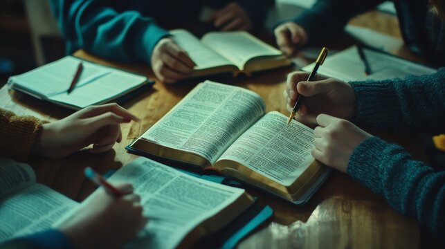 A group of friends is deeply engaged in a Bible study session, discussing insights from their open Bibles while taking notes in their notebooks