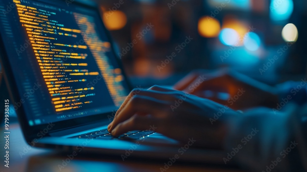 Poster a software developer is focused on typing lines of code on a laptop. the warm glow of the screen ill