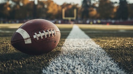 American football resting on a first down line during an American football game. The ball is ready to be snapped to start a new play. Lots of copy space.generative ai