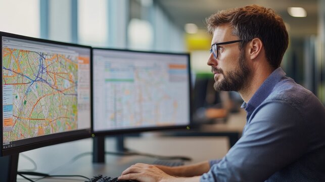 A transport planner is focused on studying traffic routes at his workstation in a contemporary office. He is analyzing data displayed on dual monitors