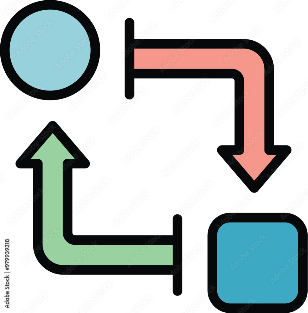 Poster colorful arrows are moving data between circles and squares, showing the flow of information
